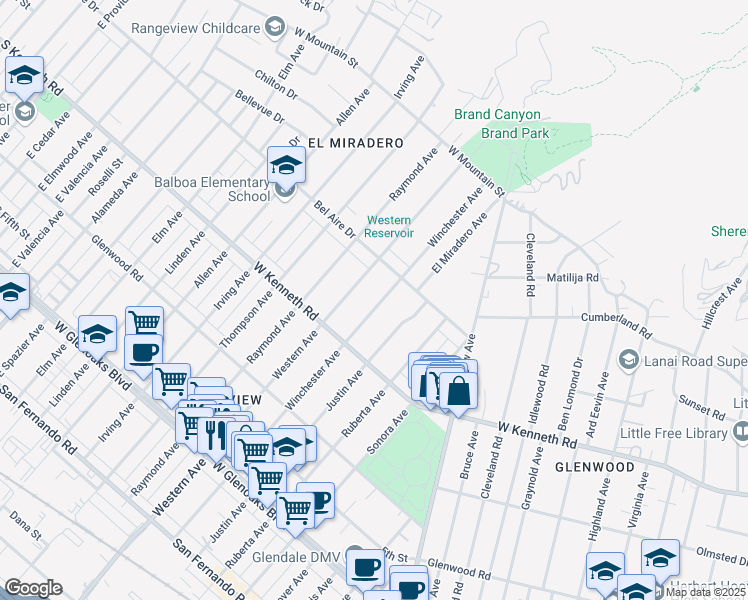 map of restaurants, bars, coffee shops, grocery stores, and more near 1349 Winchester Avenue in Glendale