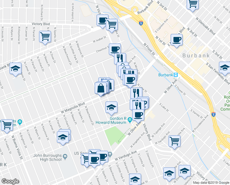 map of restaurants, bars, coffee shops, grocery stores, and more near 1020 West Magnolia Boulevard in Burbank