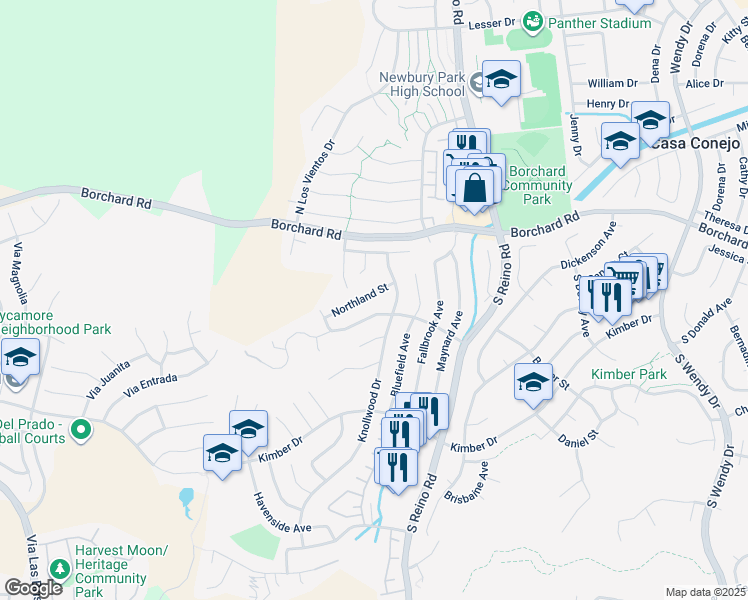 map of restaurants, bars, coffee shops, grocery stores, and more near 3886 Northland Street in Thousand Oaks