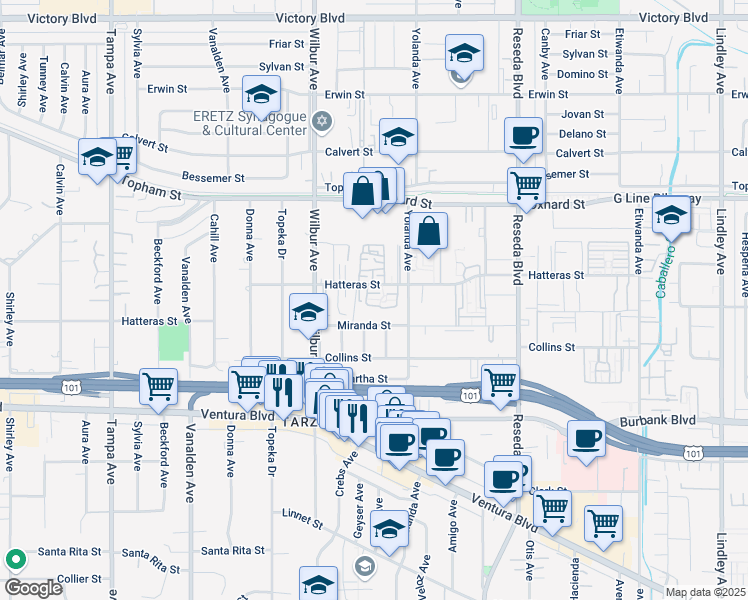 map of restaurants, bars, coffee shops, grocery stores, and more near 18730 Hatteras Street in Los Angeles