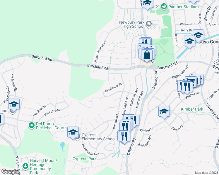 map of restaurants, bars, coffee shops, grocery stores, and more near 3949 Northland Street in Thousand Oaks