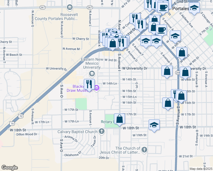 map of restaurants, bars, coffee shops, grocery stores, and more near 1020 West 15th Street in Portales
