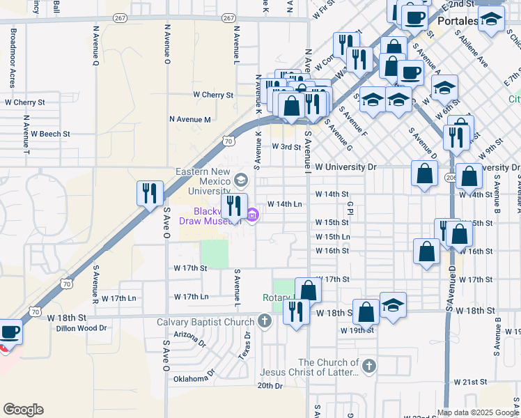 map of restaurants, bars, coffee shops, grocery stores, and more near 1457-1461 South Avenue K in Portales