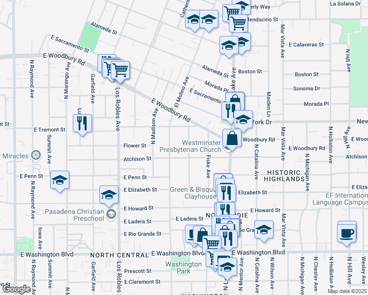 map of restaurants, bars, coffee shops, grocery stores, and more near 1750 Walworth Avenue in Pasadena