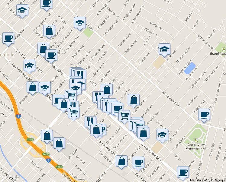 map of restaurants, bars, coffee shops, grocery stores, and more near 1148 Linden Avenue in Glendale