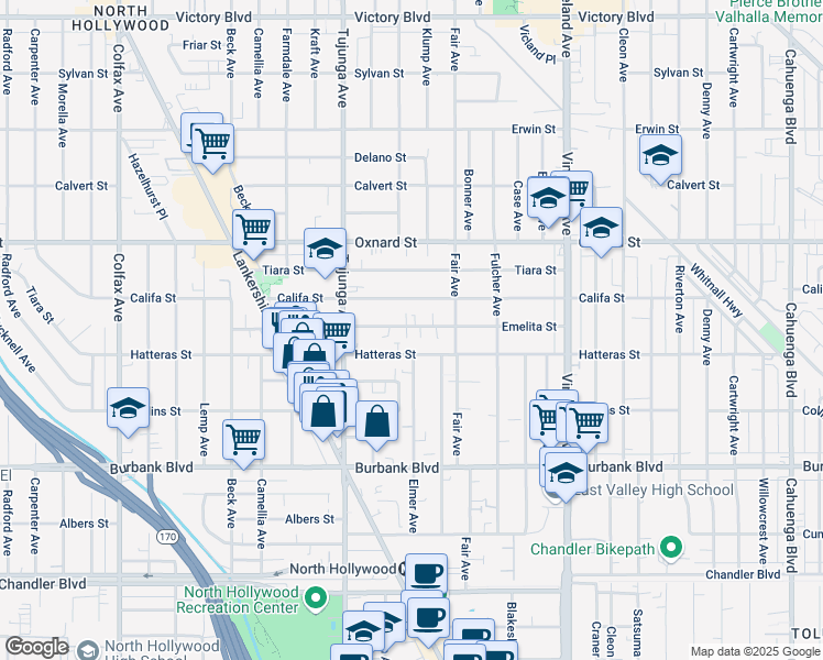 map of restaurants, bars, coffee shops, grocery stores, and more near 11305 Hatteras Street in Los Angeles