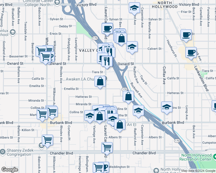 map of restaurants, bars, coffee shops, grocery stores, and more near in Los Angeles