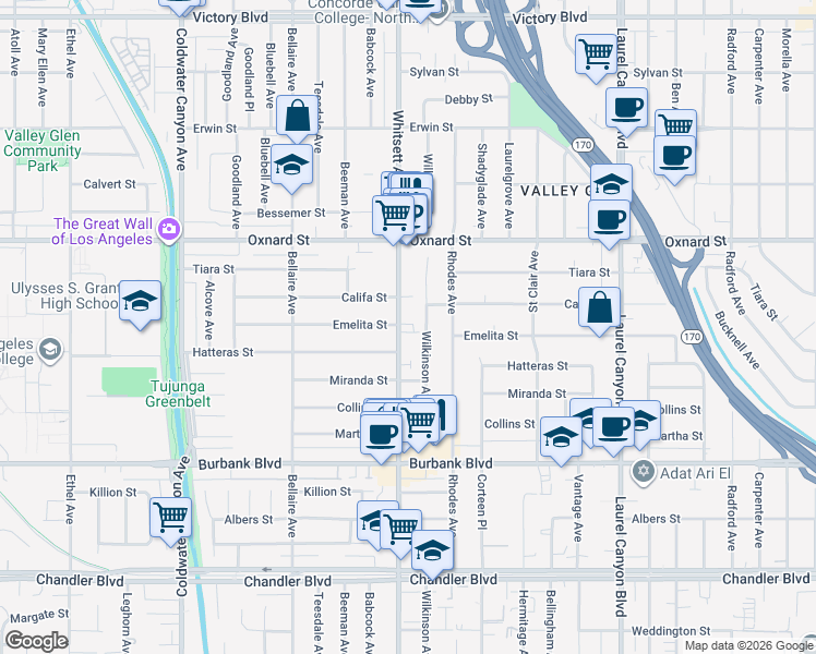 map of restaurants, bars, coffee shops, grocery stores, and more near 5805 Whitsett Avenue in Los Angeles