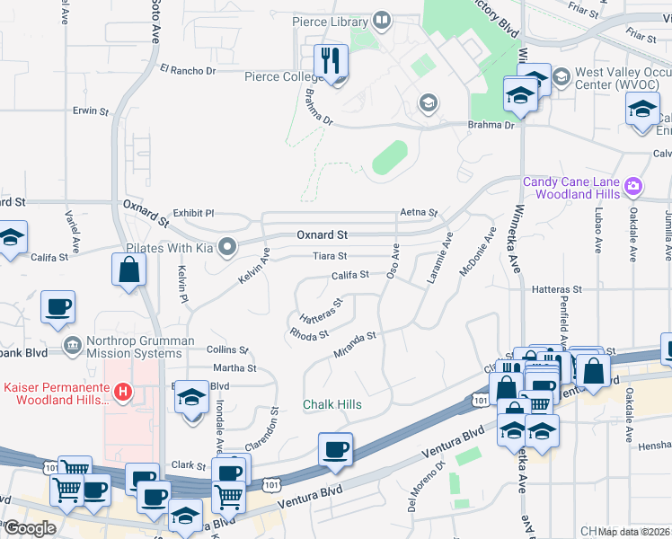 map of restaurants, bars, coffee shops, grocery stores, and more near 20500 Califa Street in Los Angeles