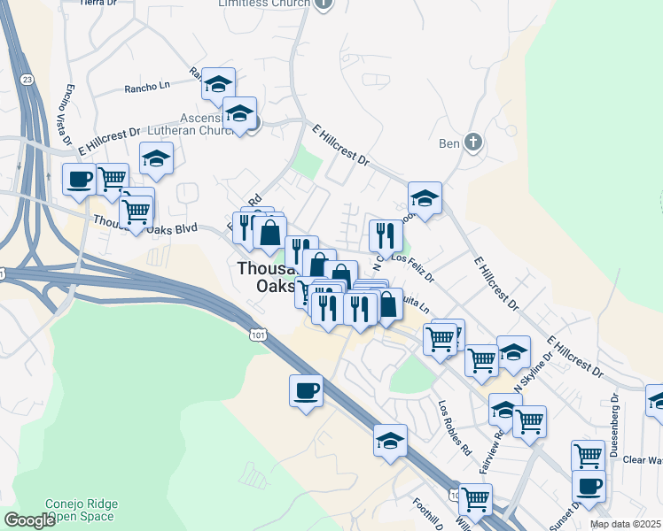 map of restaurants, bars, coffee shops, grocery stores, and more near 2099 Thousand Oaks Boulevard in Thousand Oaks