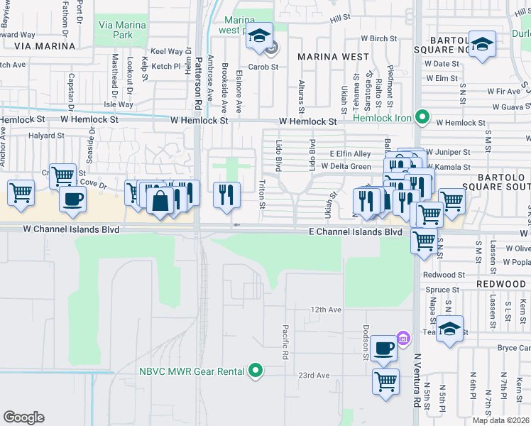 map of restaurants, bars, coffee shops, grocery stores, and more near 141 West Alta Green in Port Hueneme