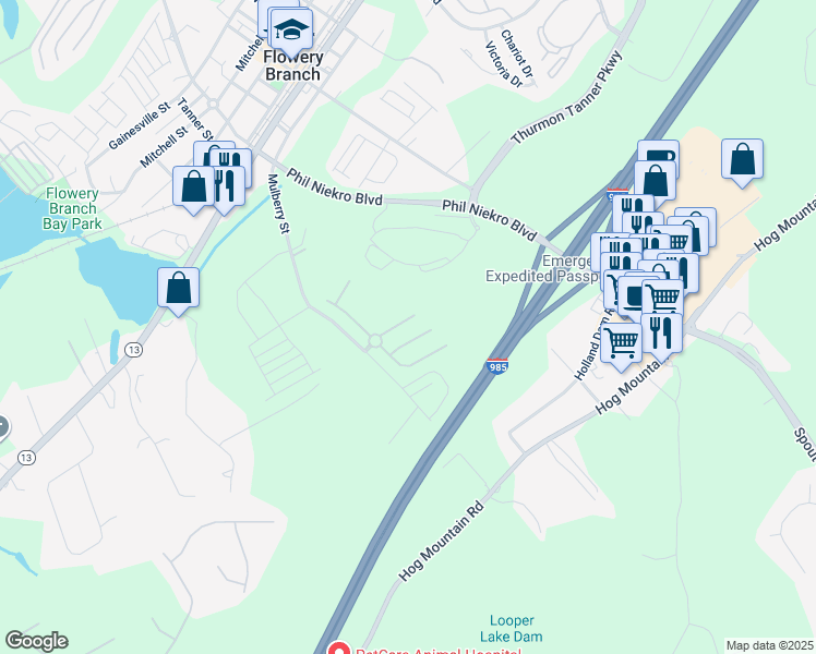 map of restaurants, bars, coffee shops, grocery stores, and more near 5816 Bradshaw Court in Flowery Branch