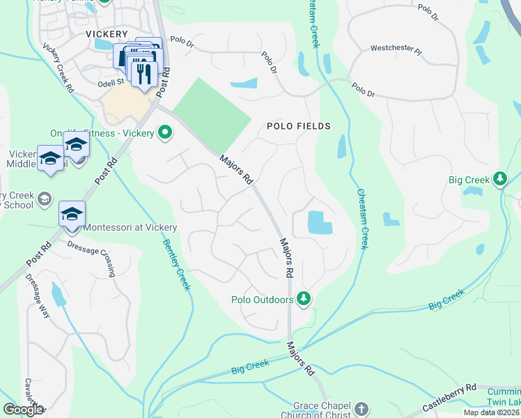 map of restaurants, bars, coffee shops, grocery stores, and more near 6650 Bradford Place in Cumming