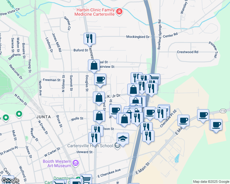 map of restaurants, bars, coffee shops, grocery stores, and more near 508 Martin Luther King Junior Drive in Cartersville