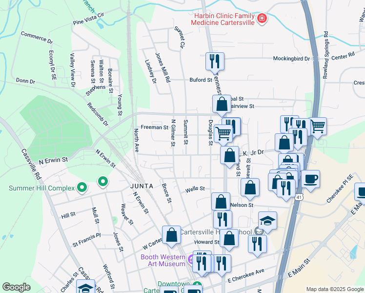 map of restaurants, bars, coffee shops, grocery stores, and more near 8 Summit Street in Cartersville