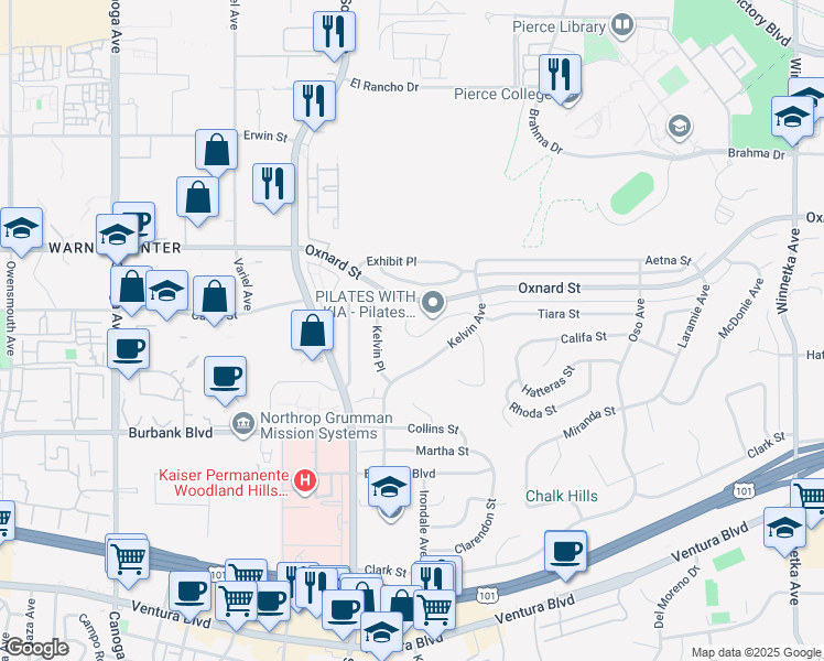 map of restaurants, bars, coffee shops, grocery stores, and more near 20835 Tiara Street in Los Angeles