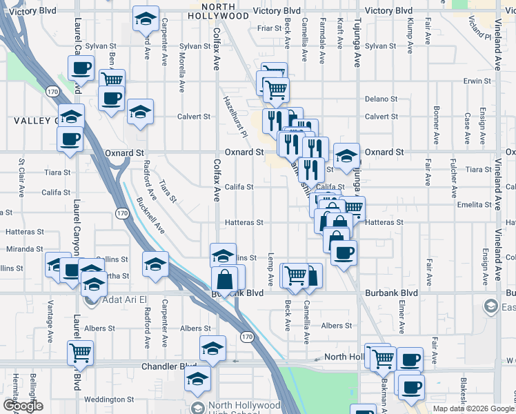 map of restaurants, bars, coffee shops, grocery stores, and more near 5828 Irvine Avenue in Los Angeles