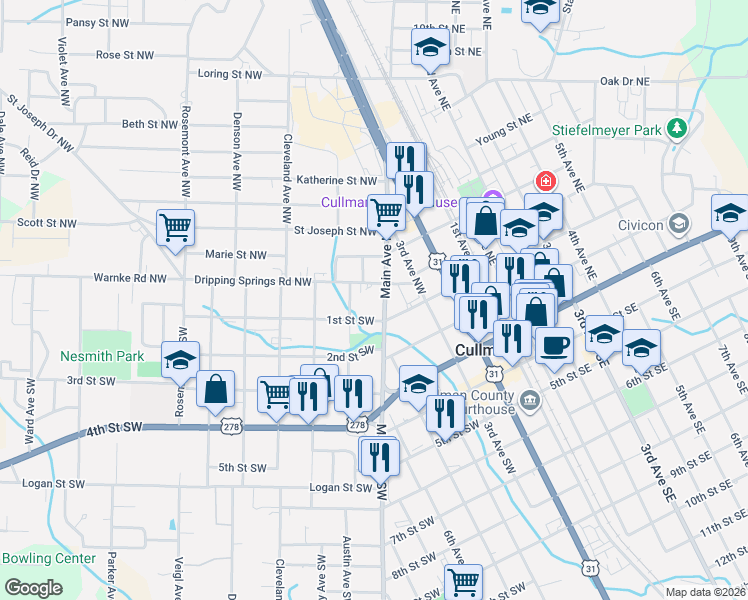 map of restaurants, bars, coffee shops, grocery stores, and more near 201 Main Avenue Southwest in Cullman