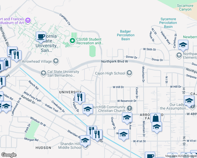 map of restaurants, bars, coffee shops, grocery stores, and more near 5294 Sundance Drive in San Bernardino