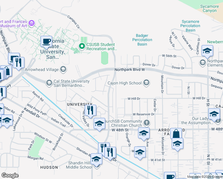 map of restaurants, bars, coffee shops, grocery stores, and more near 5294 Sundance Drive in San Bernardino