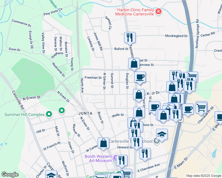 map of restaurants, bars, coffee shops, grocery stores, and more near 8 Summit Street in Cartersville