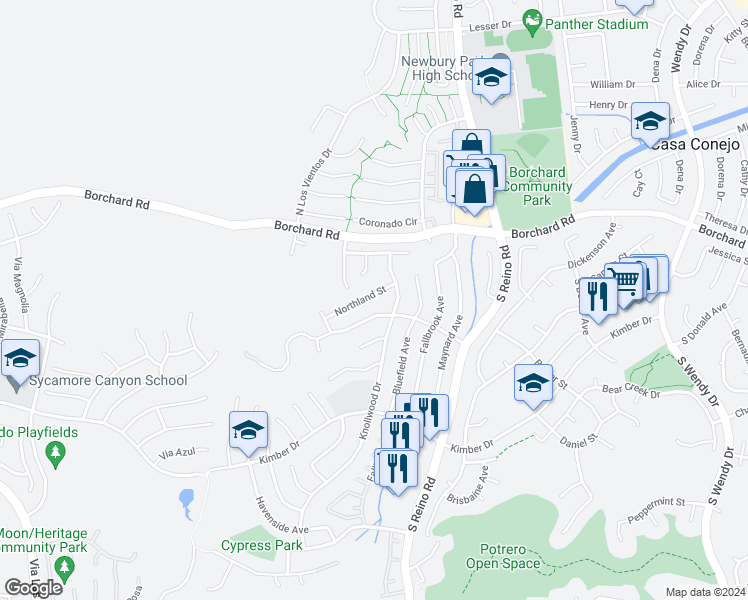map of restaurants, bars, coffee shops, grocery stores, and more near 3886 Northland Street in Thousand Oaks