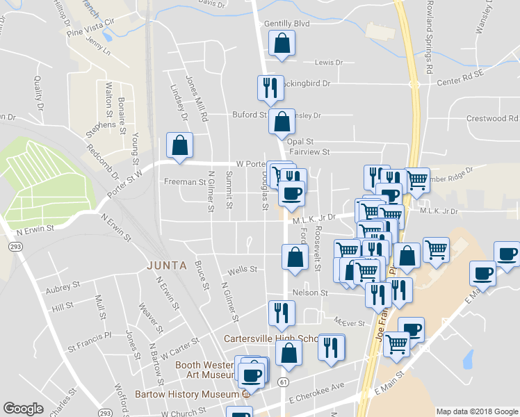map of restaurants, bars, coffee shops, grocery stores, and more near 308 Douglas Street in Cartersville