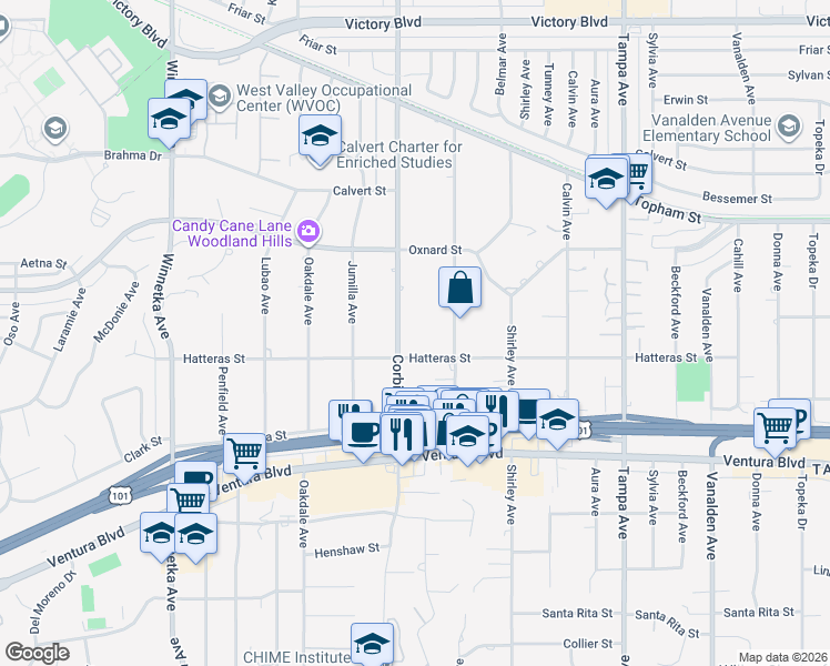map of restaurants, bars, coffee shops, grocery stores, and more near 5826 Corbin Avenue in Los Angeles