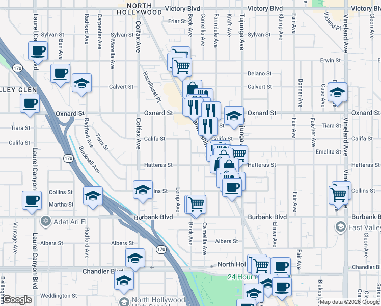 map of restaurants, bars, coffee shops, grocery stores, and more near Emelita Street in Los Angeles