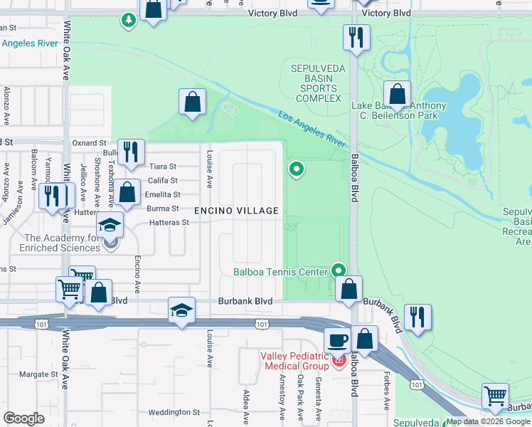 map of restaurants, bars, coffee shops, grocery stores, and more near 5808 Ostrom Avenue in Los Angeles