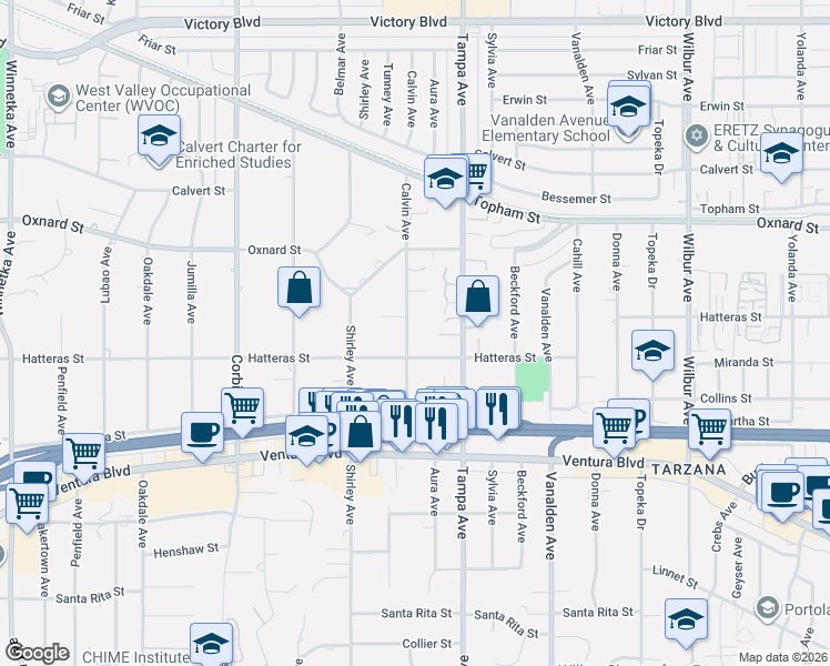 map of restaurants, bars, coffee shops, grocery stores, and more near 5828 Calvin Avenue in Los Angeles
