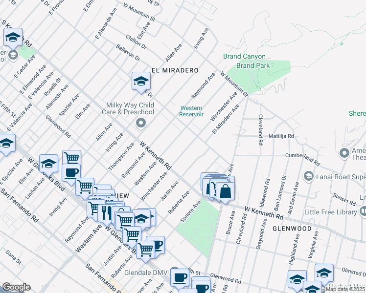 map of restaurants, bars, coffee shops, grocery stores, and more near 1349 Winchester Avenue in Glendale