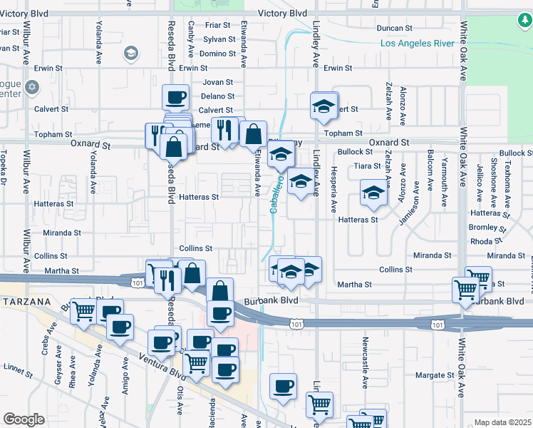 map of restaurants, bars, coffee shops, grocery stores, and more near 5700 Etiwanda Avenue in Los Angeles