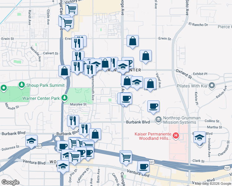 map of restaurants, bars, coffee shops, grocery stores, and more near 21500 Califa Street in Los Angeles