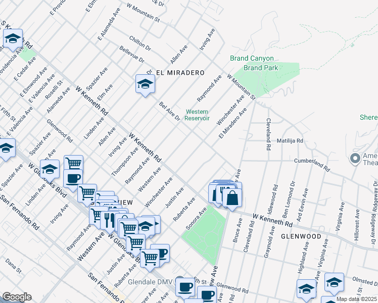 map of restaurants, bars, coffee shops, grocery stores, and more near 1349 Winchester Avenue in Glendale