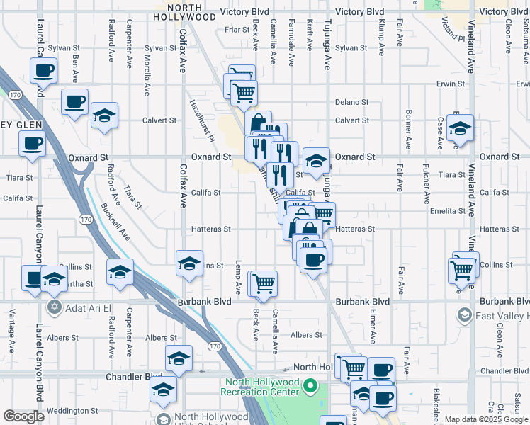 map of restaurants, bars, coffee shops, grocery stores, and more near 11516 Emelita Street in Los Angeles