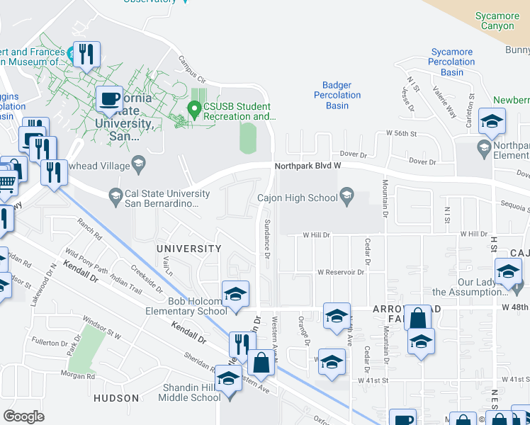 map of restaurants, bars, coffee shops, grocery stores, and more near 5294 Sundance Drive in San Bernardino