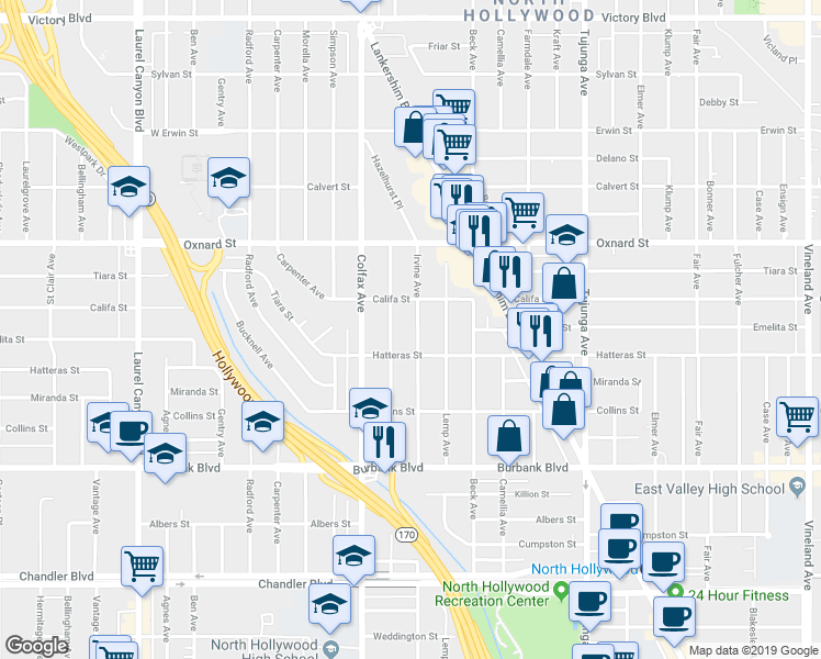 map of restaurants, bars, coffee shops, grocery stores, and more near 5829 Irvine Avenue in Los Angeles