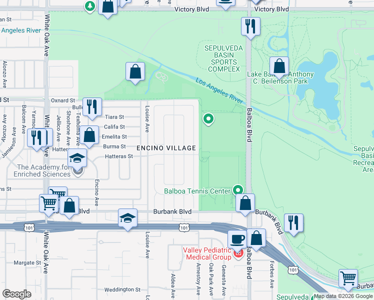 map of restaurants, bars, coffee shops, grocery stores, and more near 5808 Ostrom Avenue in Los Angeles