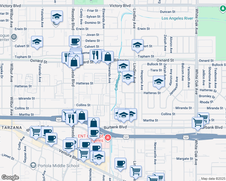 map of restaurants, bars, coffee shops, grocery stores, and more near 5816 Etiwanda Avenue in Los Angeles