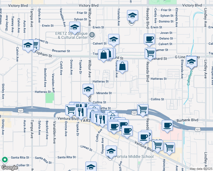 map of restaurants, bars, coffee shops, grocery stores, and more near 18730 Hatteras Street in Los Angeles