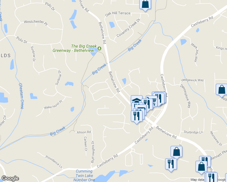 map of restaurants, bars, coffee shops, grocery stores, and more near 6035 Beaver Ridge Drive in Cumming