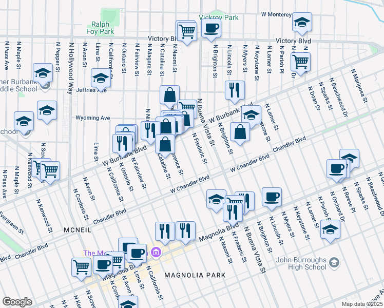 map of restaurants, bars, coffee shops, grocery stores, and more near 1041 North Naomi Street in Burbank