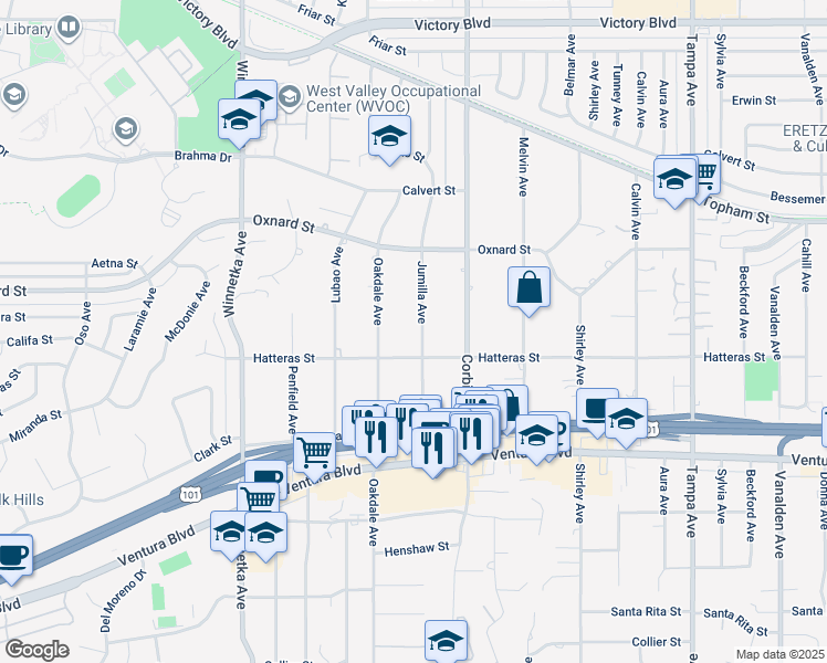 map of restaurants, bars, coffee shops, grocery stores, and more near 5827 Jumilla Avenue in Los Angeles
