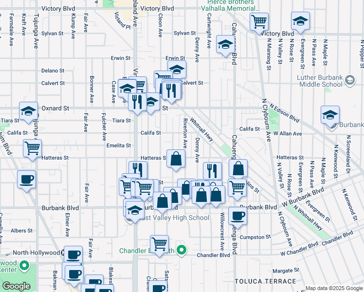 map of restaurants, bars, coffee shops, grocery stores, and more near 5831 Riverton Avenue in Los Angeles