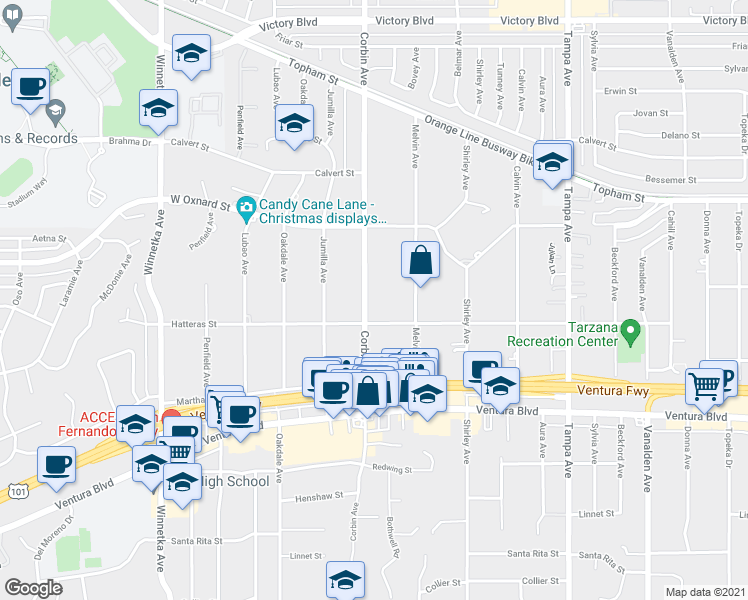 map of restaurants, bars, coffee shops, grocery stores, and more near 5826 Corbin Avenue in Los Angeles