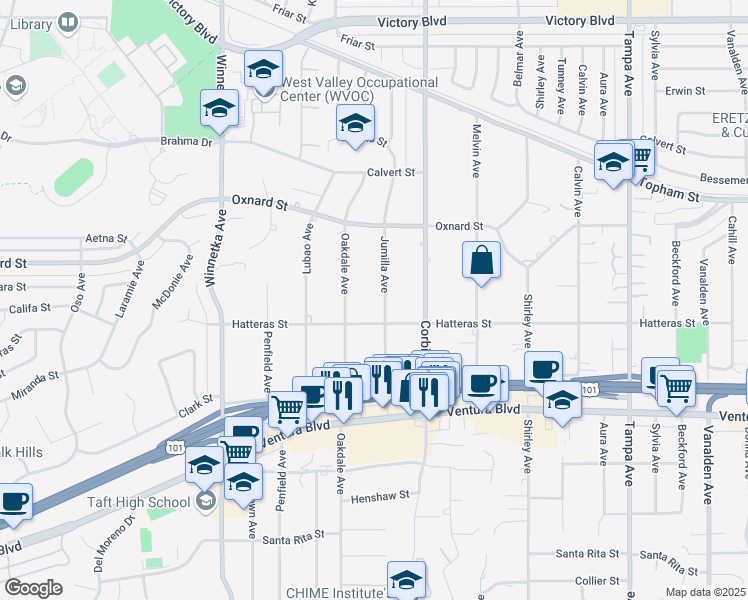 map of restaurants, bars, coffee shops, grocery stores, and more near 5827 Jumilla Avenue in Los Angeles