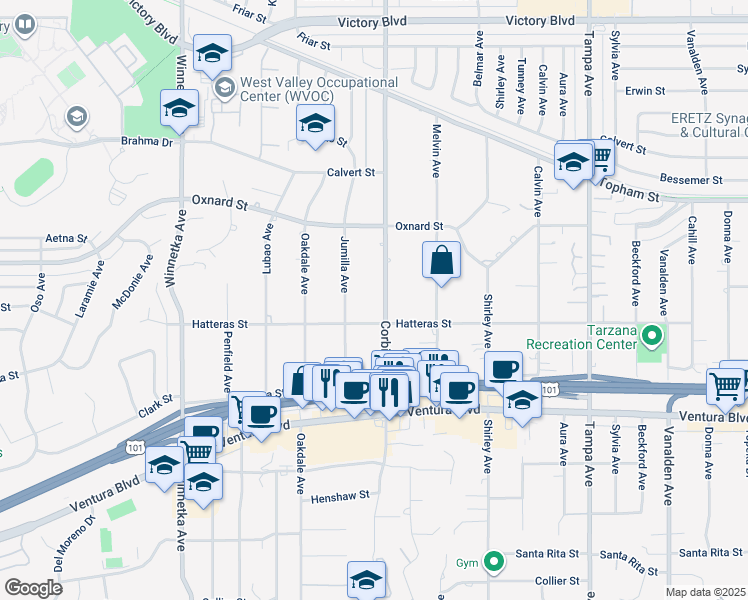 map of restaurants, bars, coffee shops, grocery stores, and more near 5803 Corbin Avenue in Los Angeles
