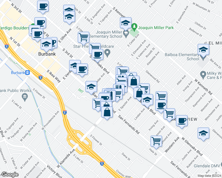 map of restaurants, bars, coffee shops, grocery stores, and more near 305 East Valencia Avenue in Burbank