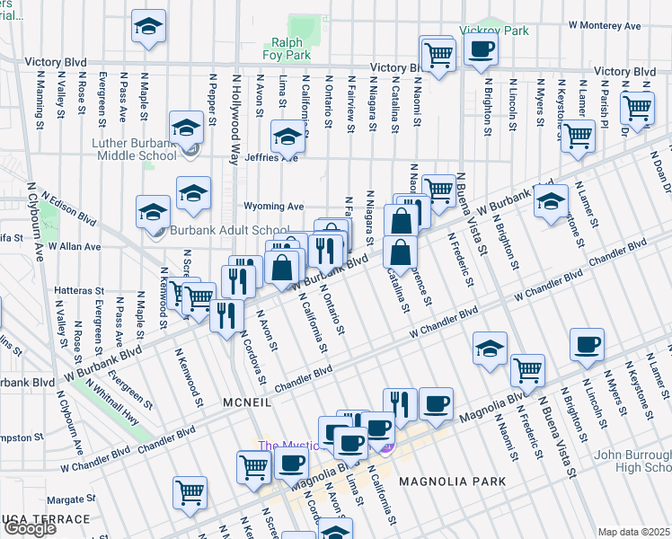 map of restaurants, bars, coffee shops, grocery stores, and more near 3029 West Burbank Boulevard in Burbank